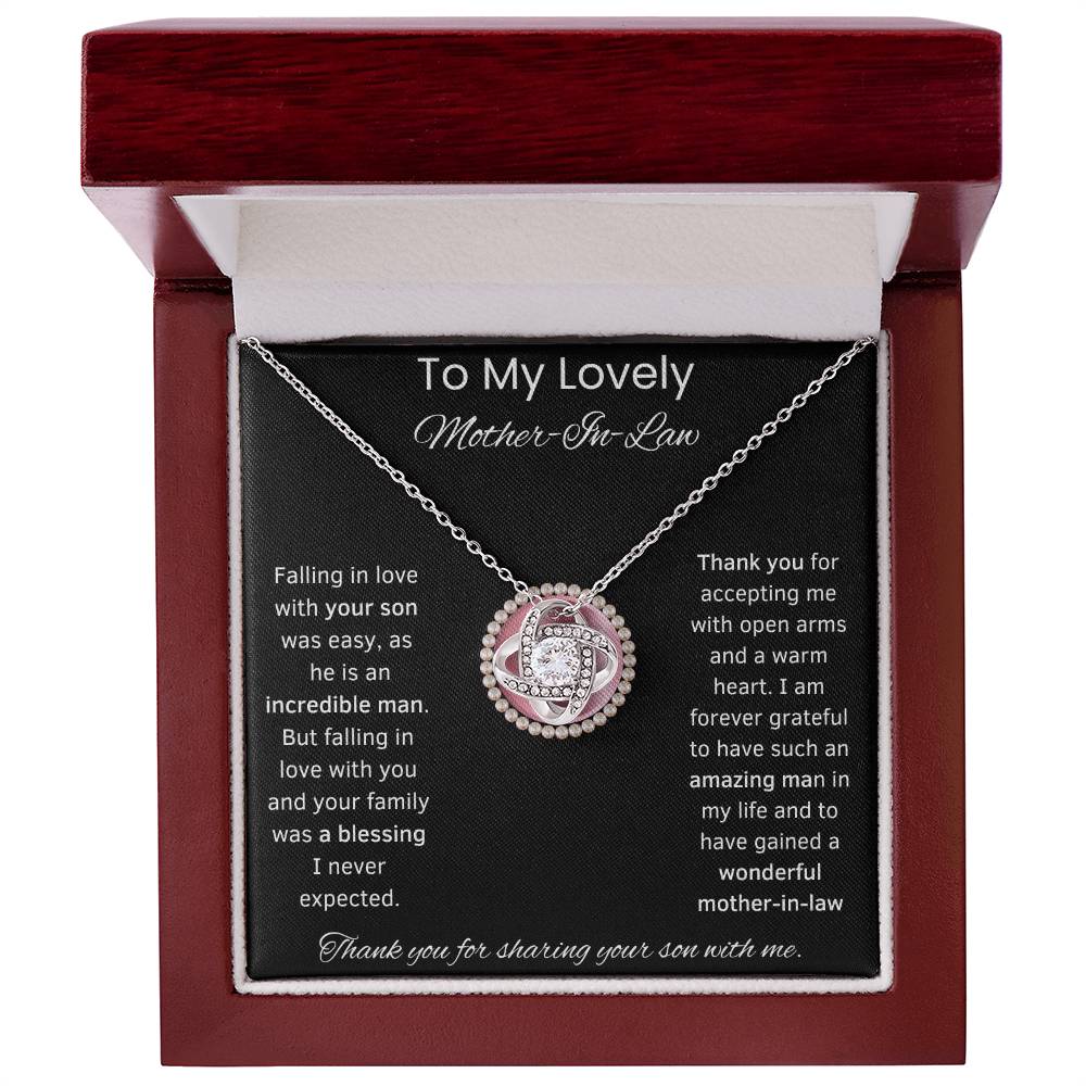 To My Lovely Mother-In-Law Love Knot Necklace (Pink Circle)Choice of Standard Black Box or Mahogany Box With LED Light