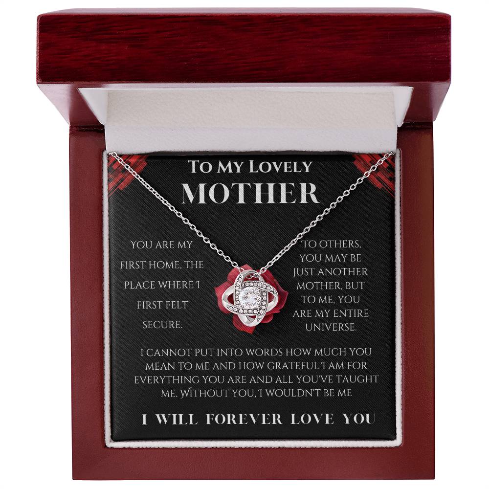 To My Lovely Mother Love Knot Necklace (Choose Standard Black Box or Mahogany Box with LED Light)