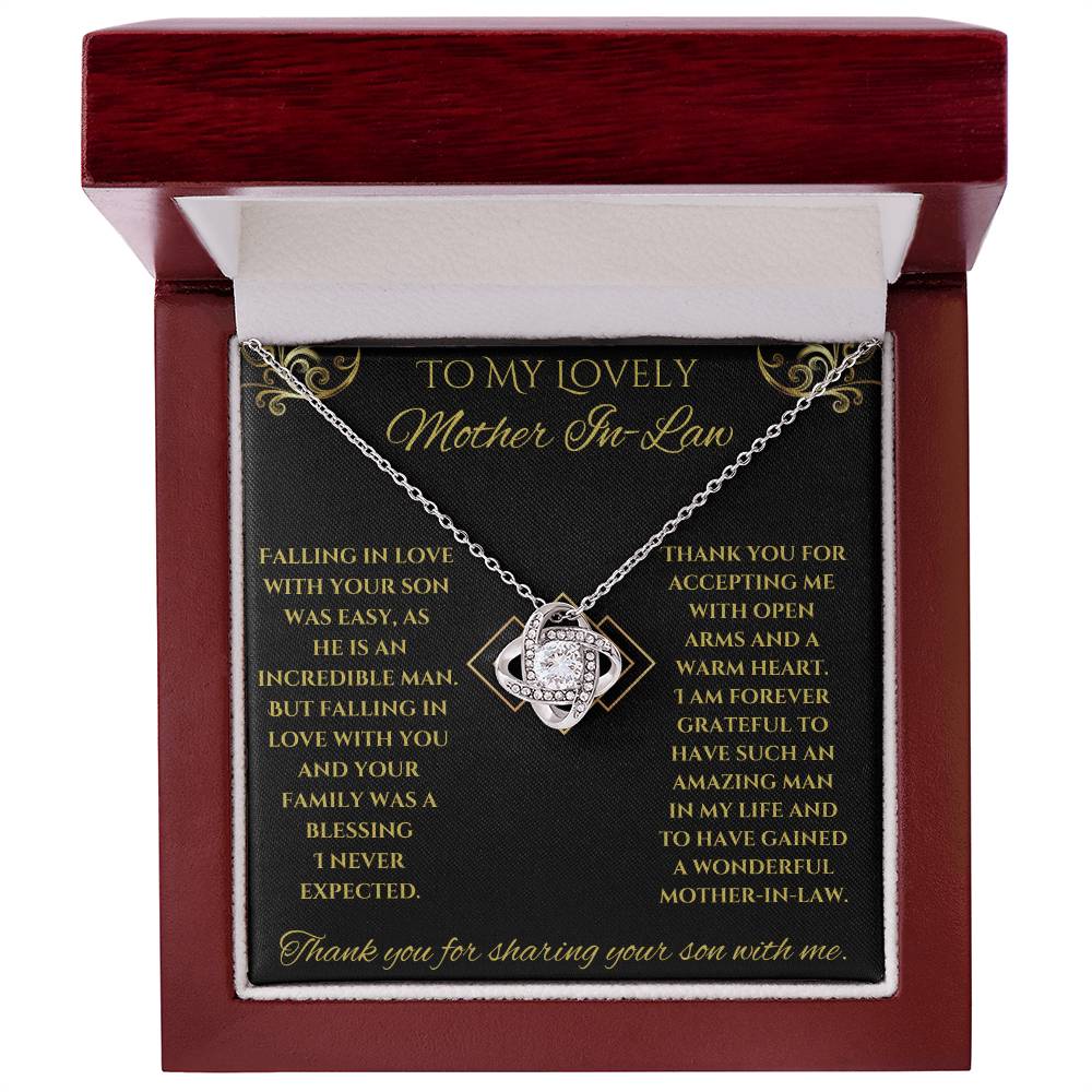 To My Lovely Mother-In-Law Love Knot Necklace (Choice of Standard Black Box or Mahogany Box with LED Light)