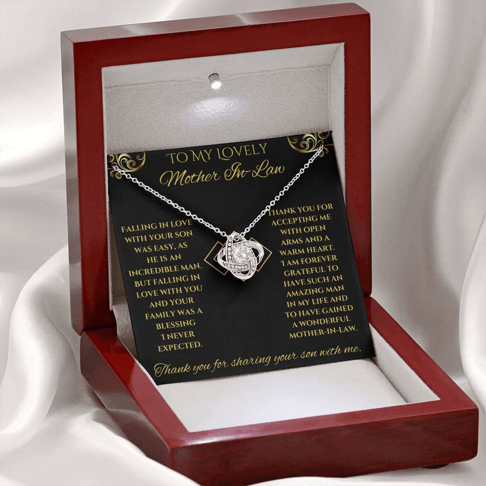 To My Lovely Mother-In-Law Love Knot Necklace (Choice of Standard Black Box or Mahogany Box with LED Light)