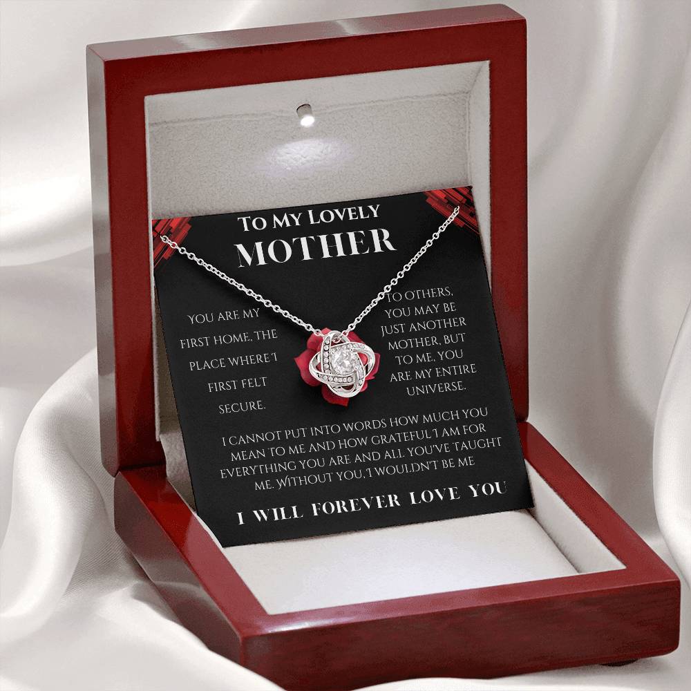 To My Lovely Mother Love Knot Necklace (Choose Standard Black Box or Mahogany Box with LED Light)