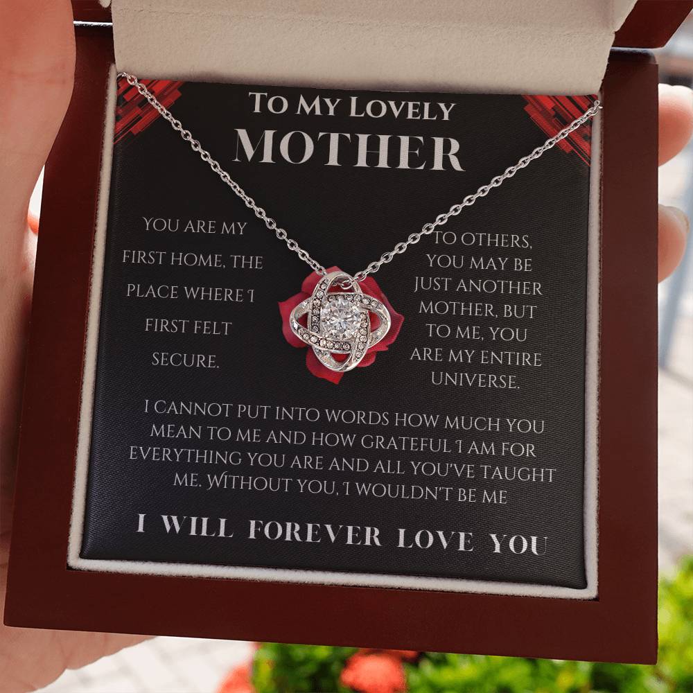 To My Lovely Mother Love Knot Necklace (Choose Standard Black Box or Mahogany Box with LED Light)