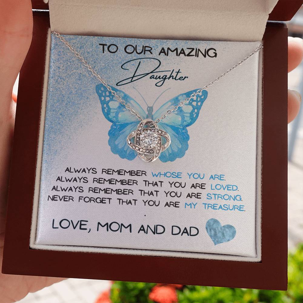 To Our Amazing Daughter Love, Mom and Dad  Love Knot Necklace