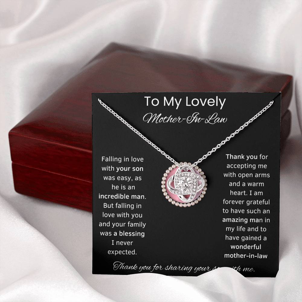 To My Lovely Mother-In-Law Love Knot Necklace (Pink Circle)Choice of Standard Black Box or Mahogany Box With LED Light