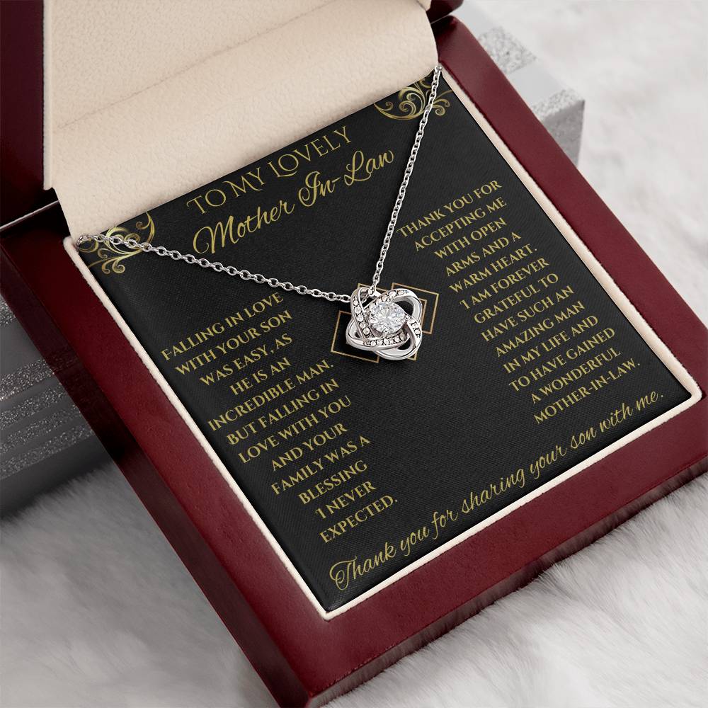 To My Lovely Mother-In-Law Love Knot Necklace (Choice of Standard Black Box or Mahogany Box with LED Light)