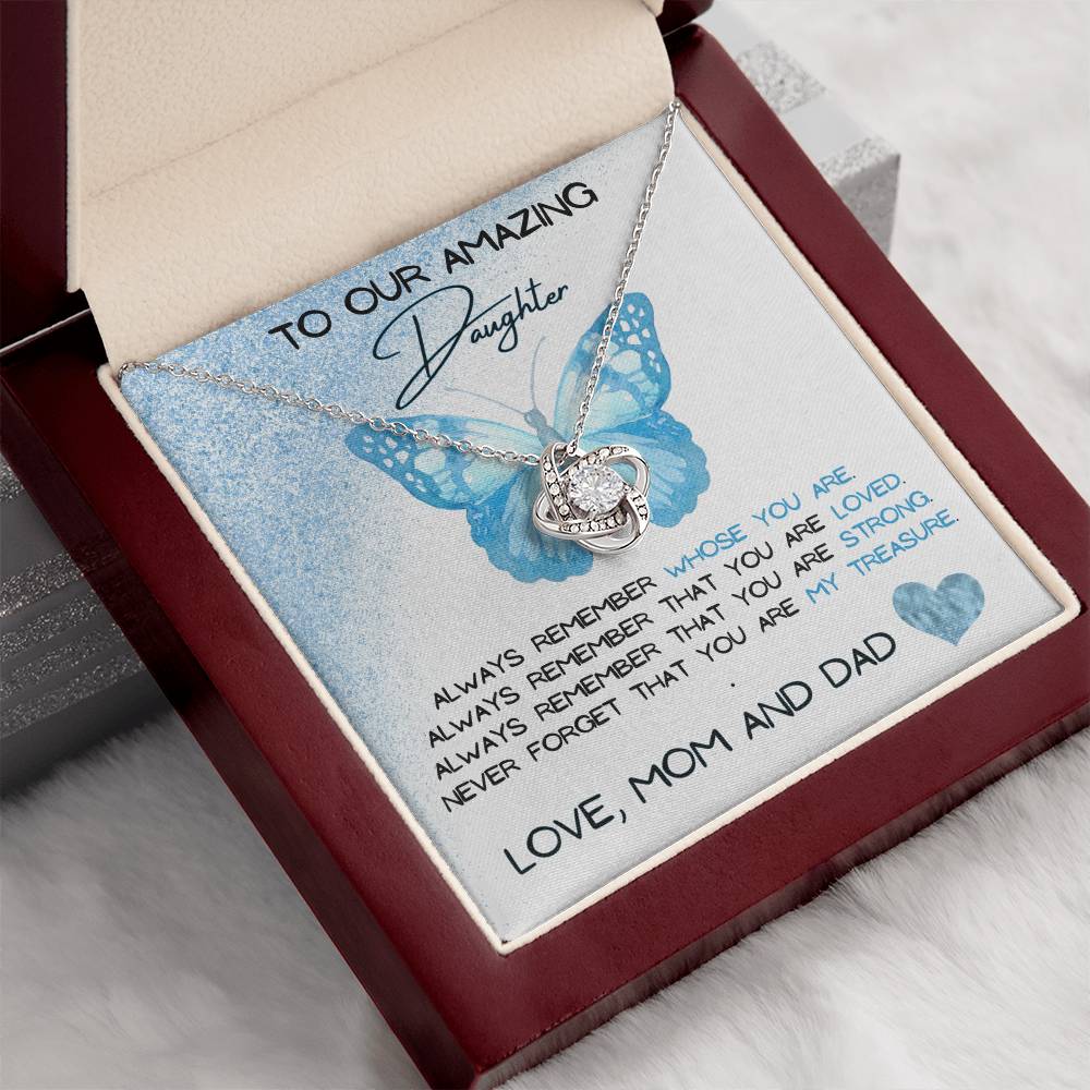 To Our Amazing Daughter Love, Mom and Dad  Love Knot Necklace