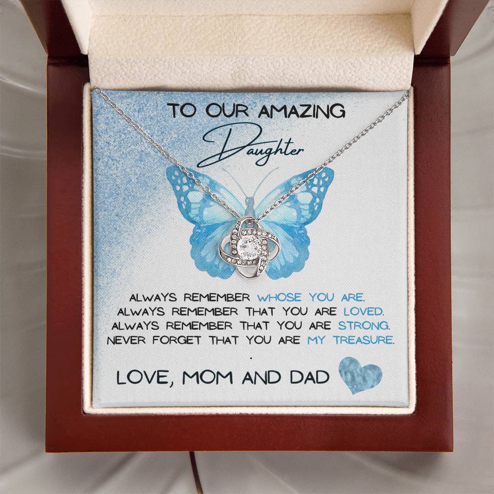 To Our Amazing Daughter Love, Mom and Dad  Love Knot Necklace