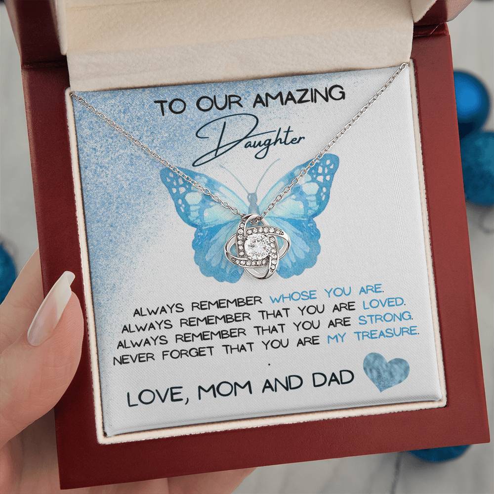 To Our Amazing Daughter Love, Mom and Dad  Love Knot Necklace