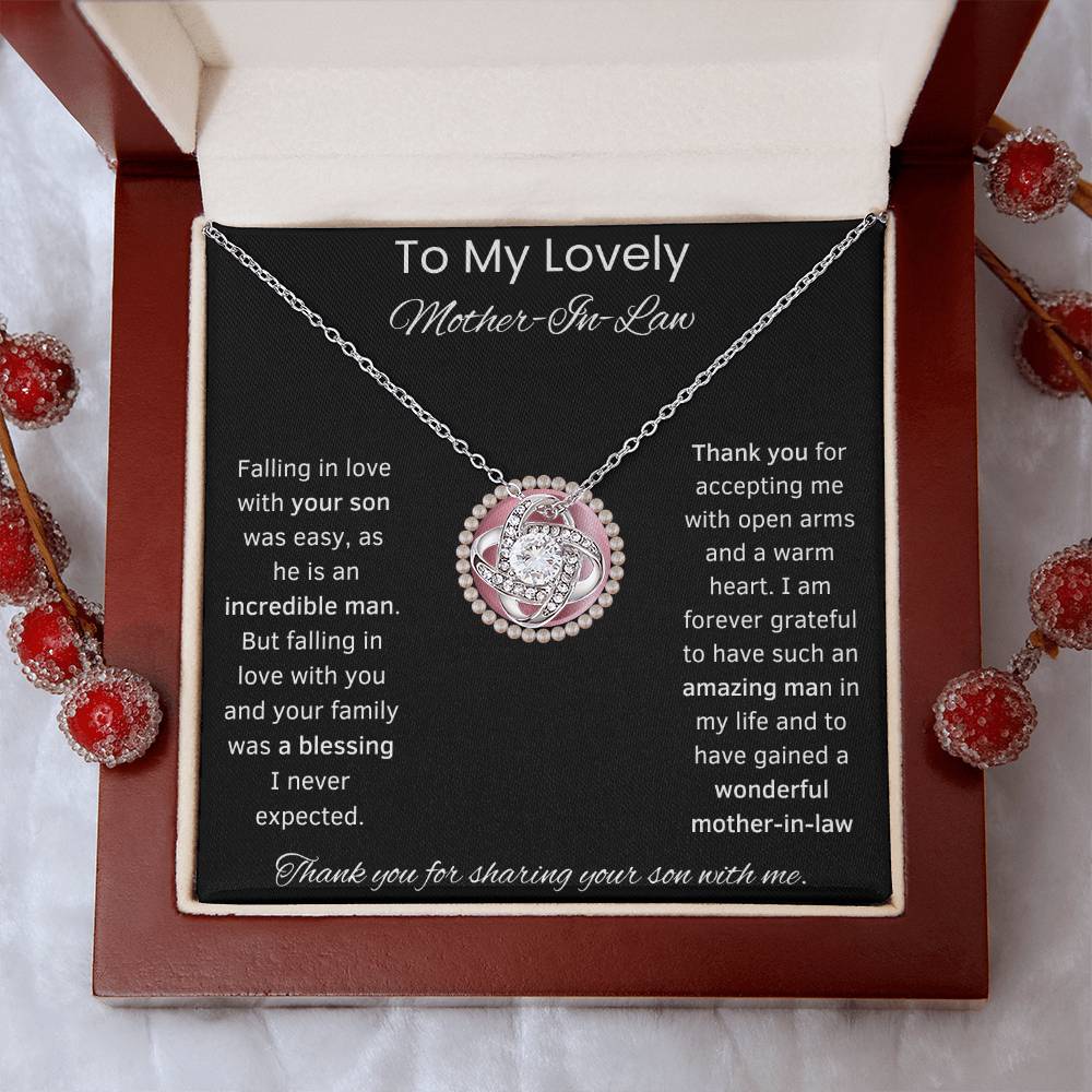 To My Lovely Mother-In-Law Love Knot Necklace (Pink Circle)Choice of Standard Black Box or Mahogany Box With LED Light