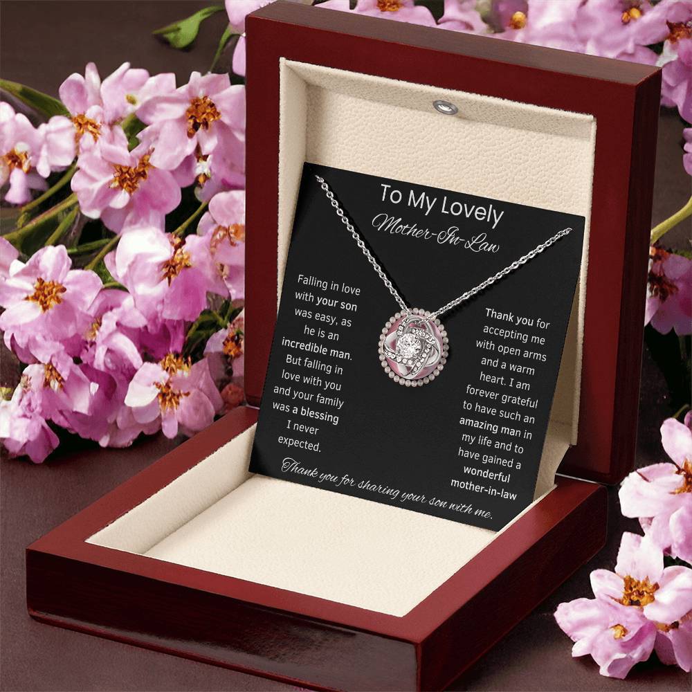 To My Lovely Mother-In-Law Love Knot Necklace (Pink Circle)Choice of Standard Black Box or Mahogany Box With LED Light