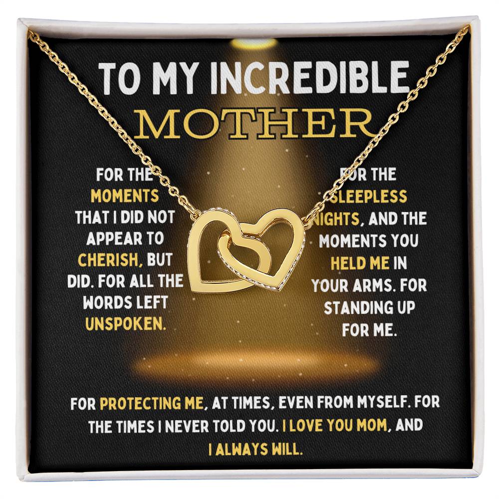 To My Incredible Mother Interlocking Hearts Necklace (Choose Standard Black Box or Mahogany Box With LED Light)