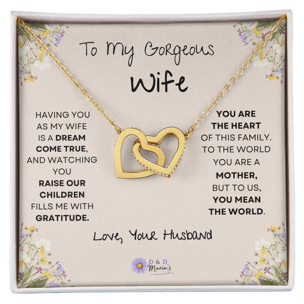 To My Gorgeous Wife Interlocking Hearts Necklace (Yellow & White Gold Variants) Choose Standard Black Box or Mahogany Box with LED Light