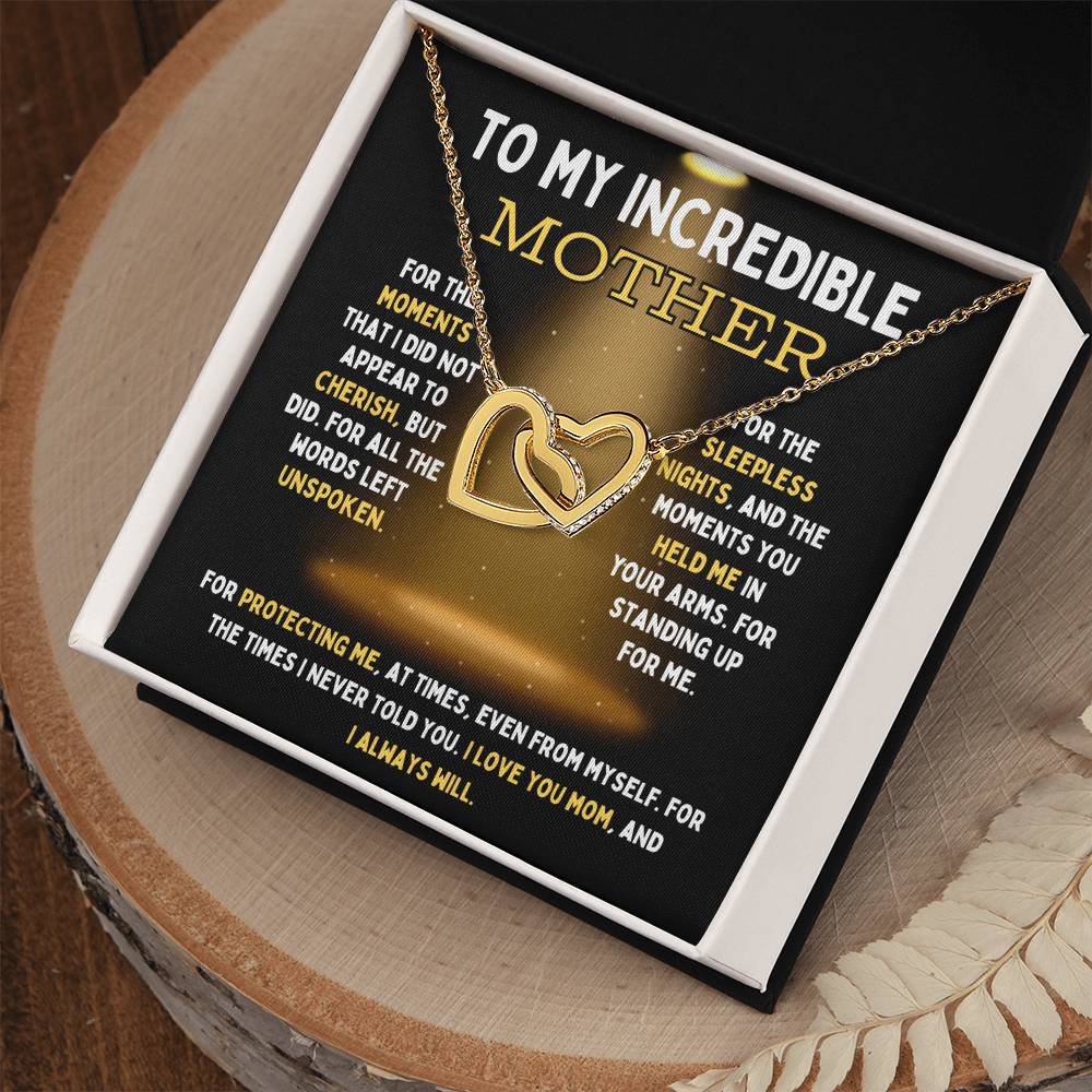 To My Incredible Mother Interlocking Hearts Necklace (Choose Standard Black Box or Mahogany Box With LED Light)