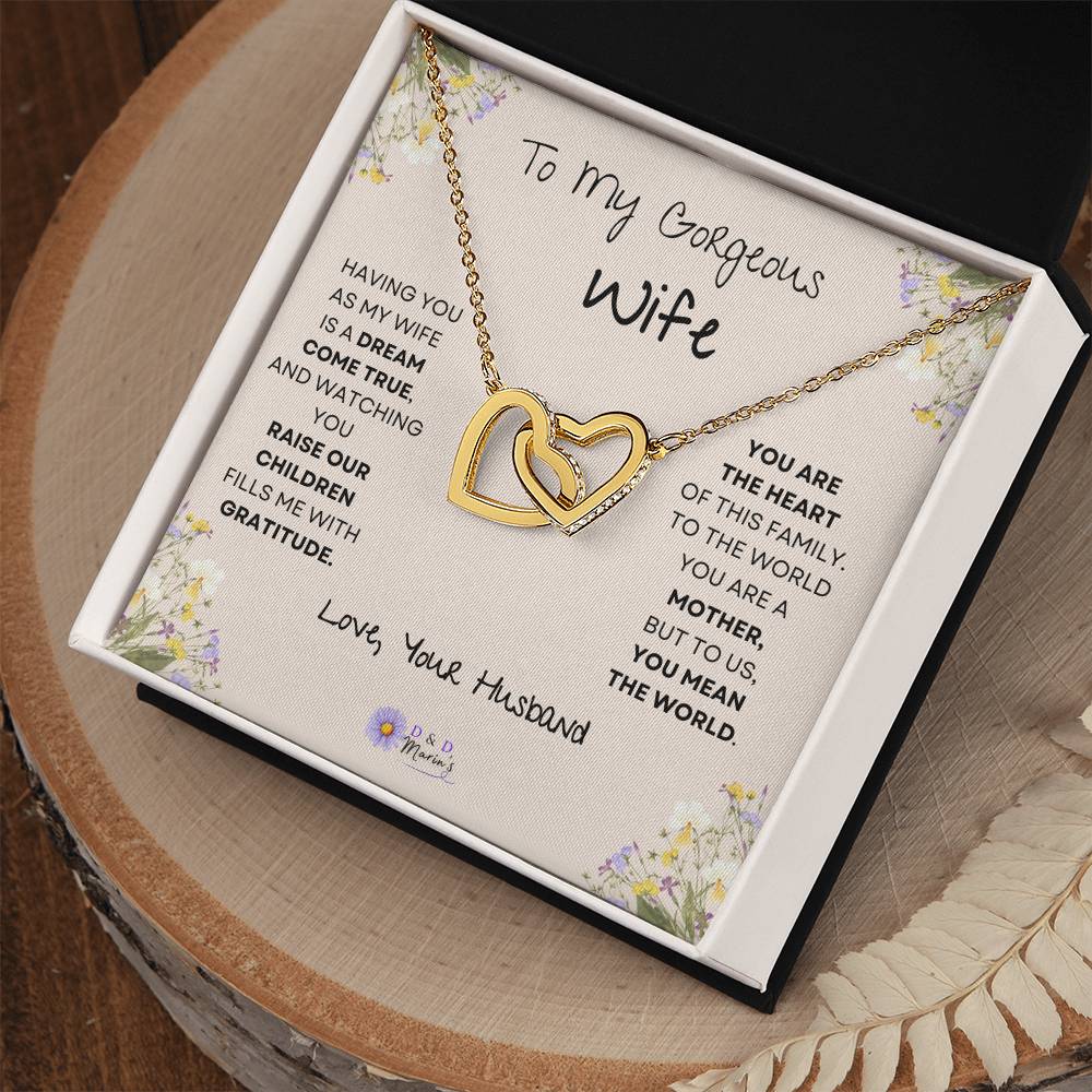 To My Gorgeous Wife Interlocking Hearts Necklace (Yellow & White Gold Variants) Choose Standard Black Box or Mahogany Box with LED Light