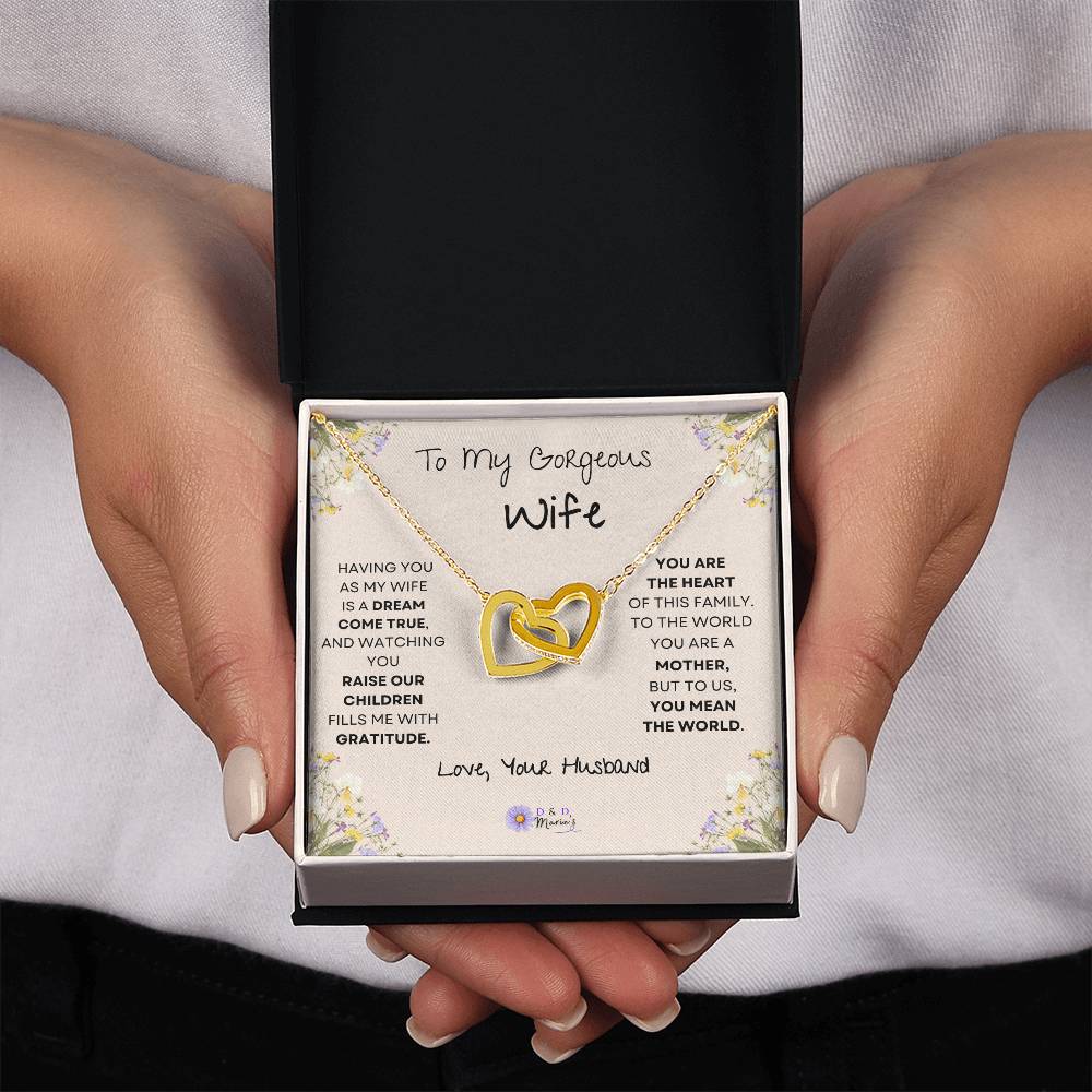 To My Gorgeous Wife Interlocking Hearts Necklace (Yellow & White Gold Variants) Choose Standard Black Box or Mahogany Box with LED Light