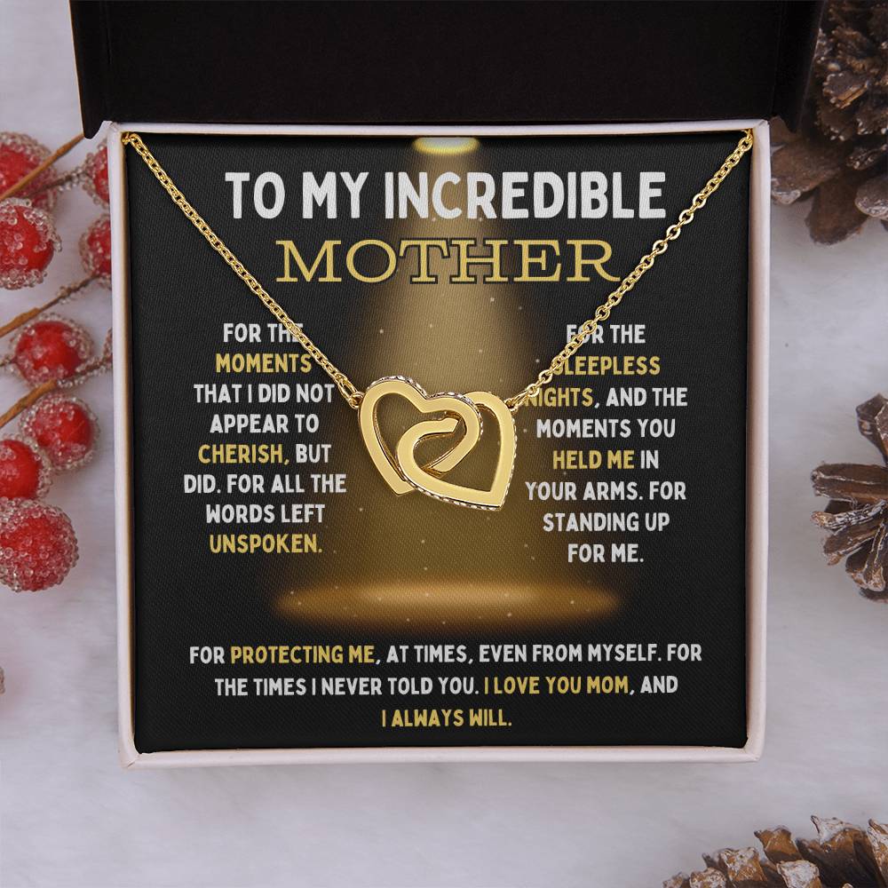 To My Incredible Mother Interlocking Hearts Necklace (Choose Standard Black Box or Mahogany Box With LED Light)