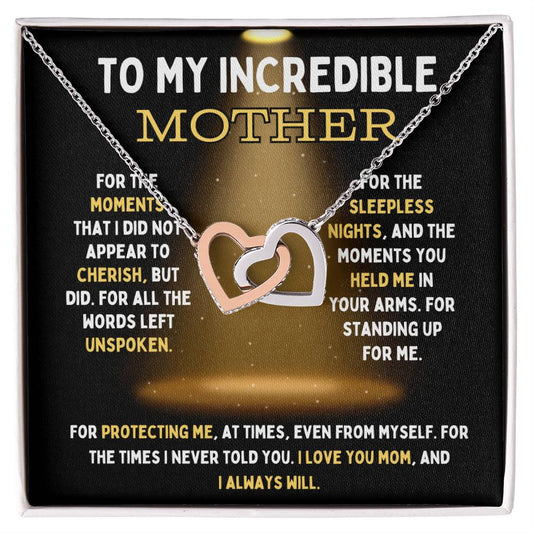 To My Incredible Mother Interlocking Hearts Necklace (Choose Standard Black Box or Mahogany Box With LED Light)