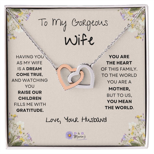 To My Gorgeous Wife Interlocking Hearts Necklace (Yellow & White Gold Variants) Choose Standard Black Box or Mahogany Box with LED Light