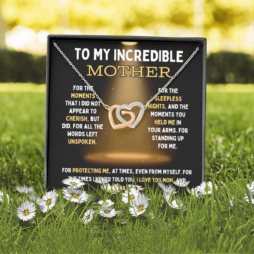 To My Incredible Mother Interlocking Hearts Necklace (Choose Standard Black Box or Mahogany Box With LED Light)