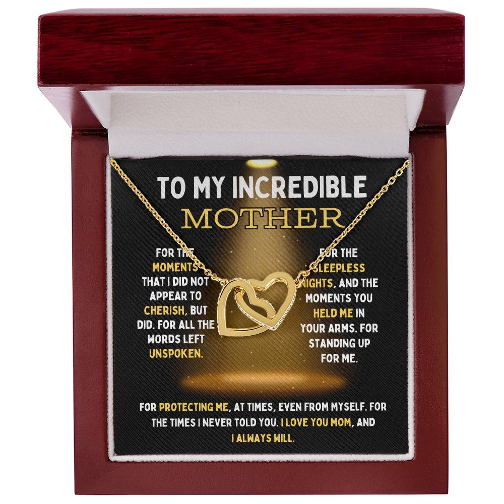 To My Incredible Mother Interlocking Hearts Necklace (Choose Standard Black Box or Mahogany Box With LED Light)