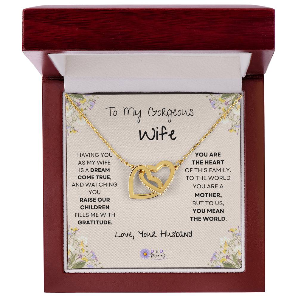 To My Gorgeous Wife Interlocking Hearts Necklace (Yellow & White Gold Variants) Choose Standard Black Box or Mahogany Box with LED Light