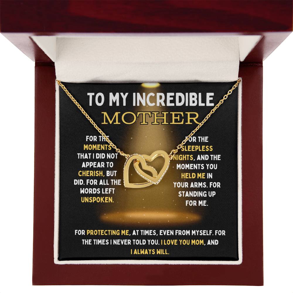 To My Incredible Mother Interlocking Hearts Necklace (Choose Standard Black Box or Mahogany Box With LED Light)