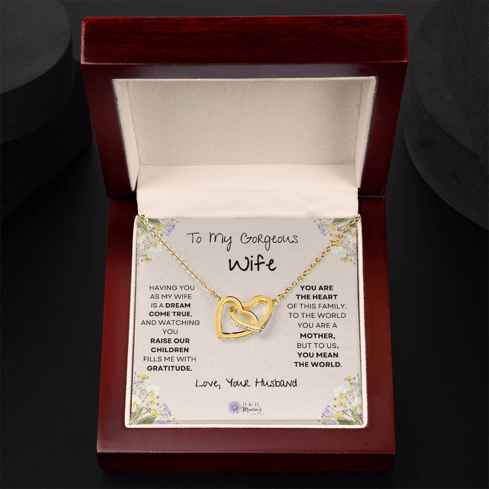 To My Gorgeous Wife Interlocking Hearts Necklace (Yellow & White Gold Variants) Choose Standard Black Box or Mahogany Box with LED Light