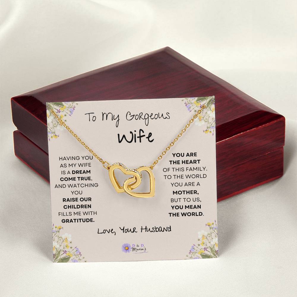 To My Gorgeous Wife Interlocking Hearts Necklace (Yellow & White Gold Variants) Choose Standard Black Box or Mahogany Box with LED Light