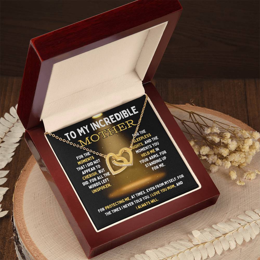 To My Incredible Mother Interlocking Hearts Necklace (Choose Standard Black Box or Mahogany Box With LED Light)