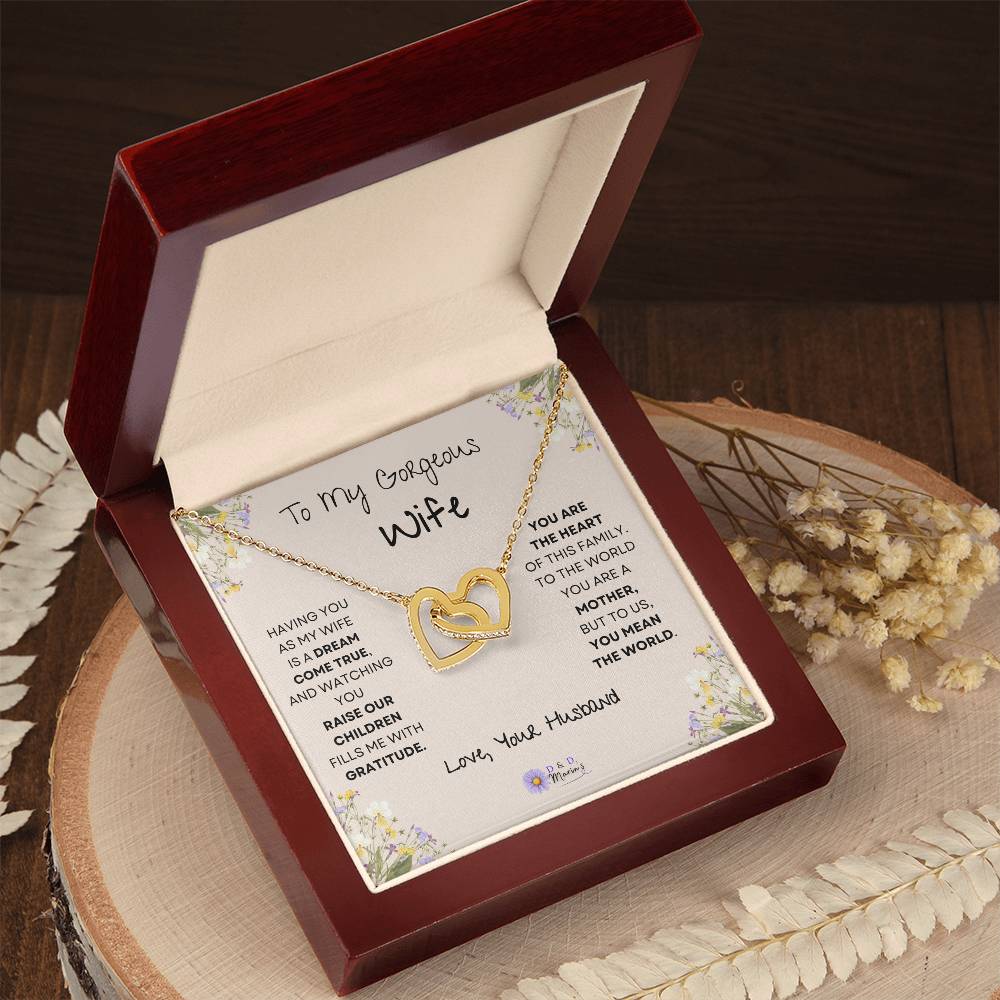 To My Gorgeous Wife Interlocking Hearts Necklace (Yellow & White Gold Variants) Choose Standard Black Box or Mahogany Box with LED Light