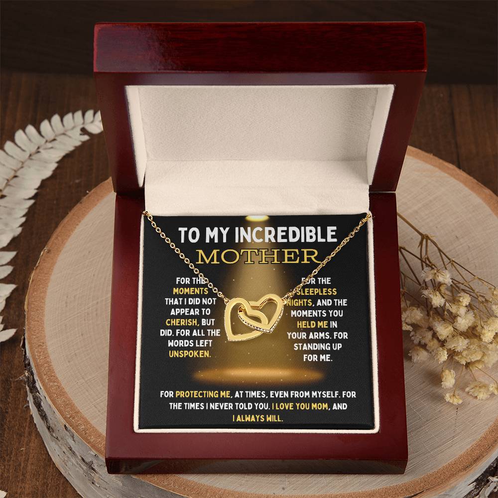 To My Incredible Mother Interlocking Hearts Necklace (Choose Standard Black Box or Mahogany Box With LED Light)