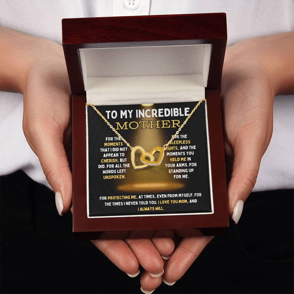To My Incredible Mother Interlocking Hearts Necklace (Choose Standard Black Box or Mahogany Box With LED Light)