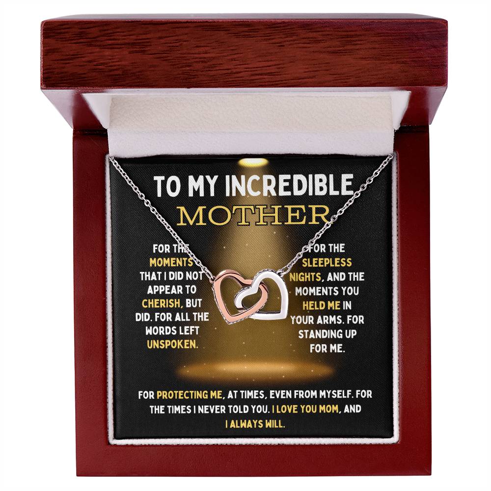 To My Incredible Mother Interlocking Hearts Necklace (Choose Standard Black Box or Mahogany Box With LED Light)