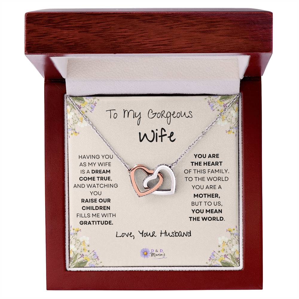 To My Gorgeous Wife Interlocking Hearts Necklace (Yellow & White Gold Variants) Choose Standard Black Box or Mahogany Box with LED Light