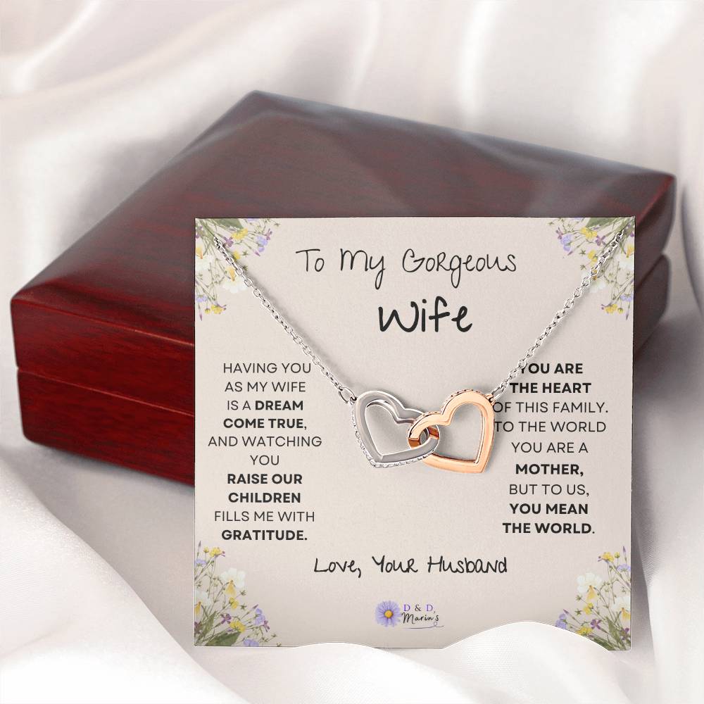 To My Gorgeous Wife Interlocking Hearts Necklace (Yellow & White Gold Variants) Choose Standard Black Box or Mahogany Box with LED Light