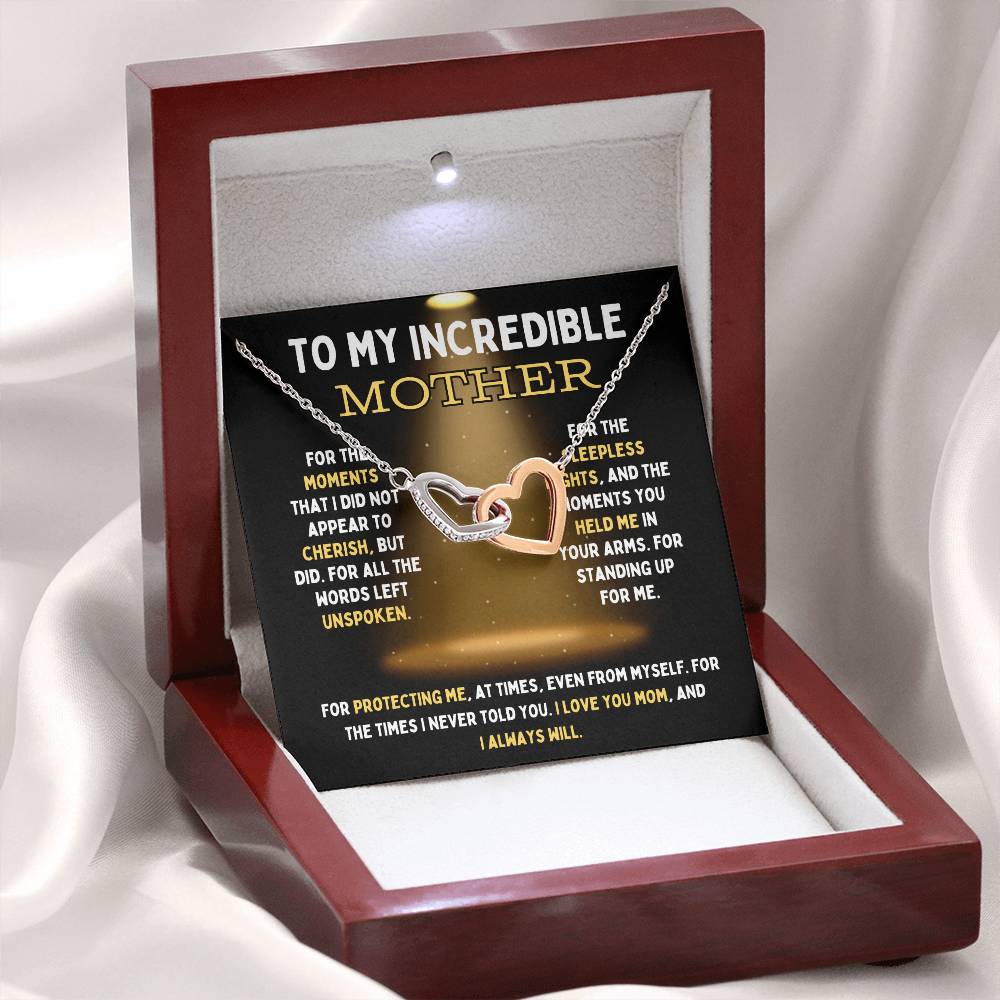 To My Incredible Mother Interlocking Hearts Necklace (Choose Standard Black Box or Mahogany Box With LED Light)