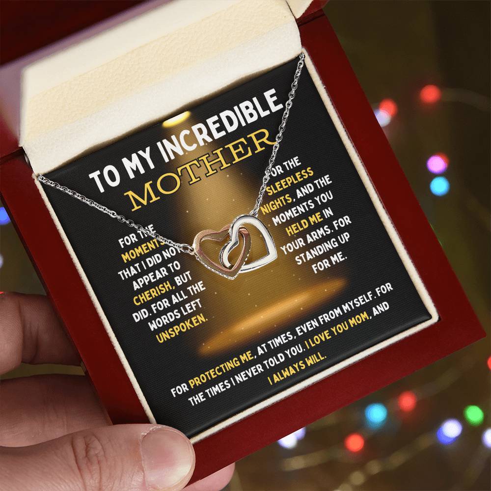 To My Incredible Mother Interlocking Hearts Necklace (Choose Standard Black Box or Mahogany Box With LED Light)