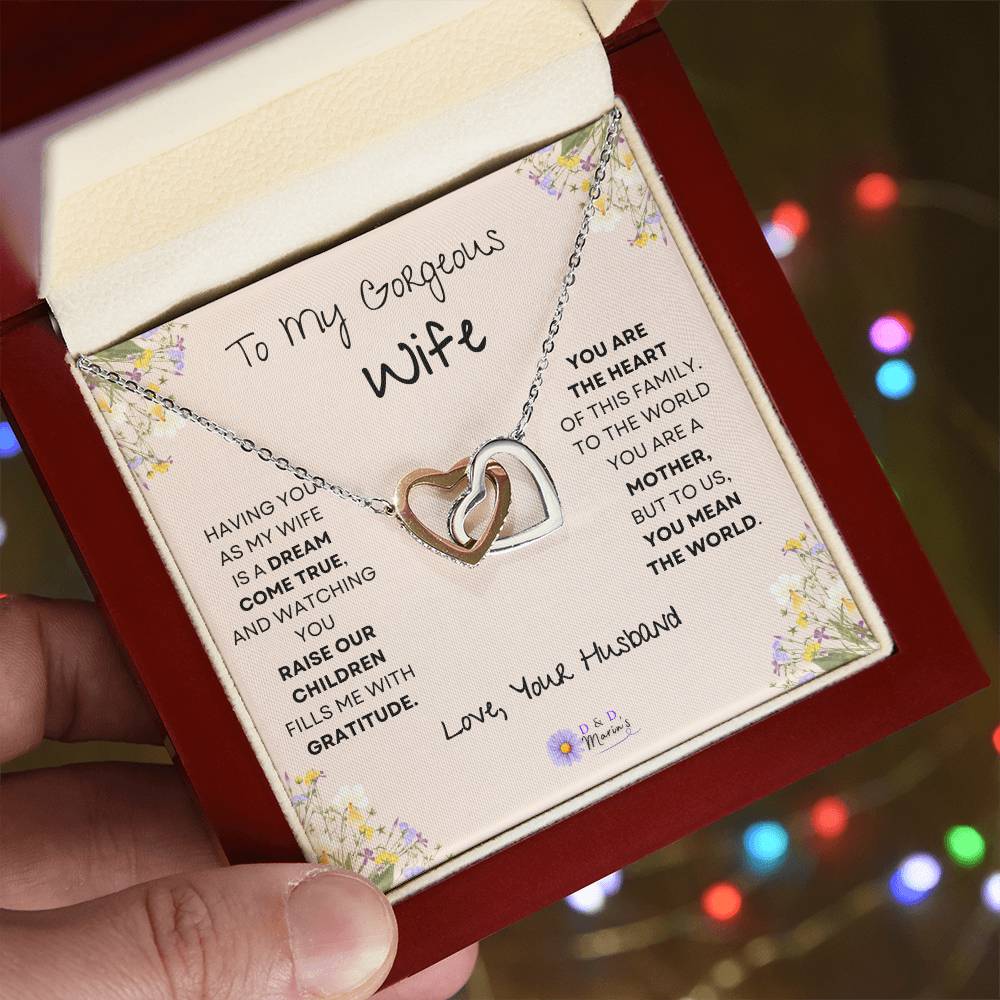To My Gorgeous Wife Interlocking Hearts Necklace (Yellow & White Gold Variants) Choose Standard Black Box or Mahogany Box with LED Light