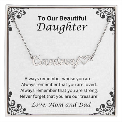 Daughter Name Necklace With Heart; Love, Mom And Dad