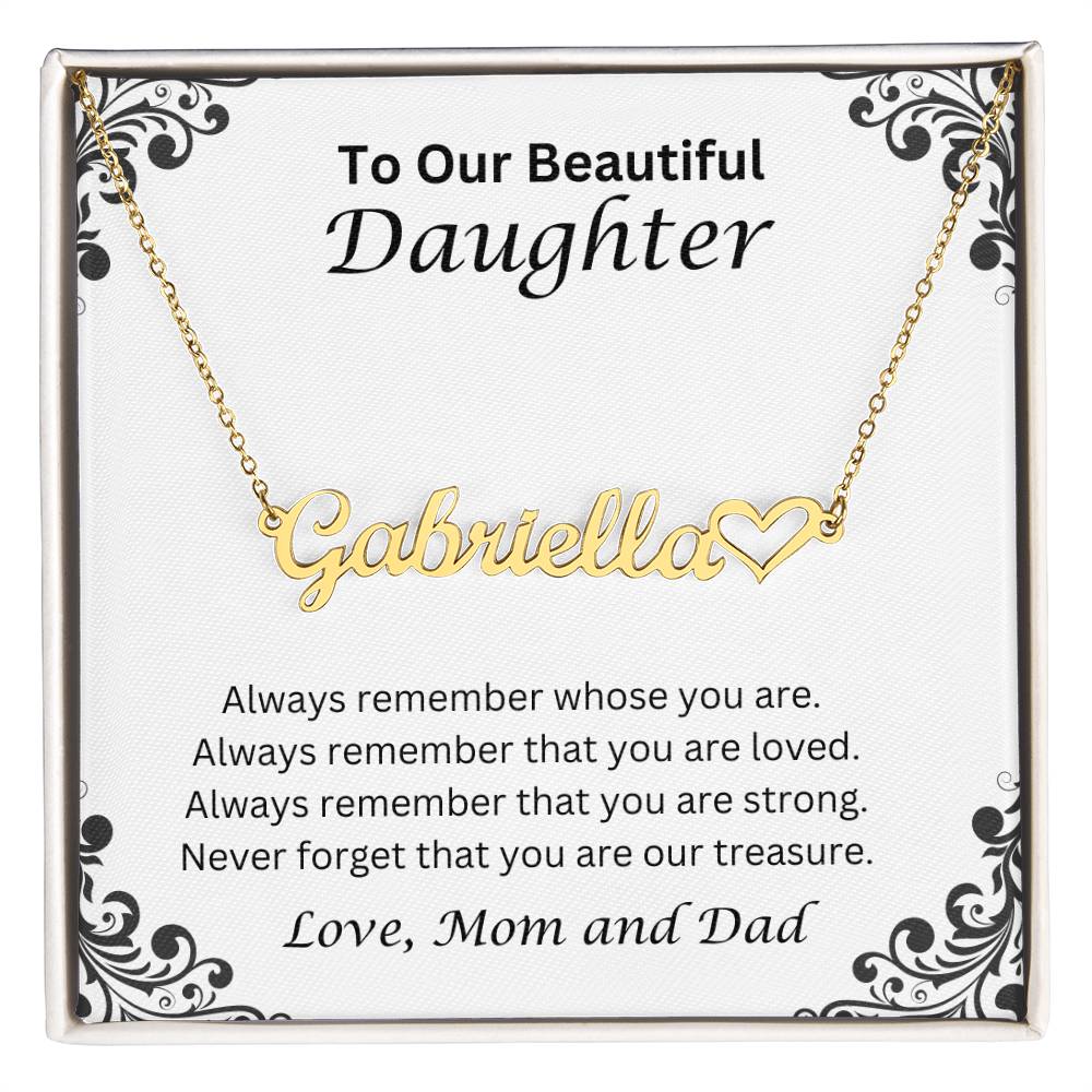 Daughter Name Necklace With Heart; Love, Mom And Dad