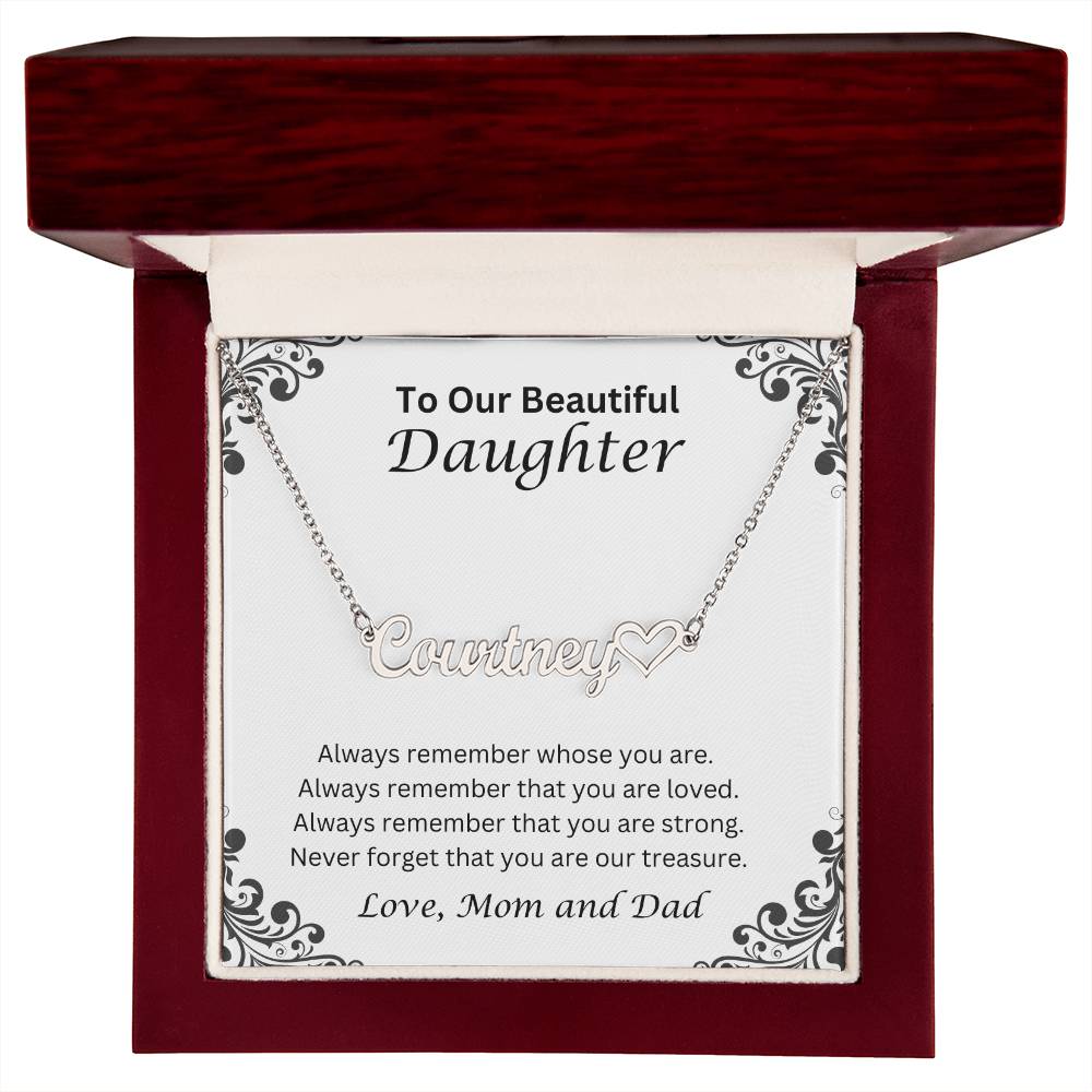 Daughter Name Necklace With Heart; Love, Mom And Dad