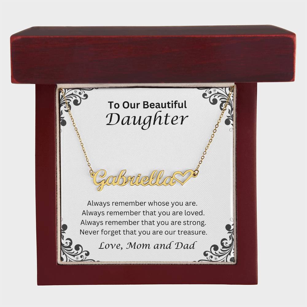 Daughter Name Necklace With Heart; Love, Mom And Dad