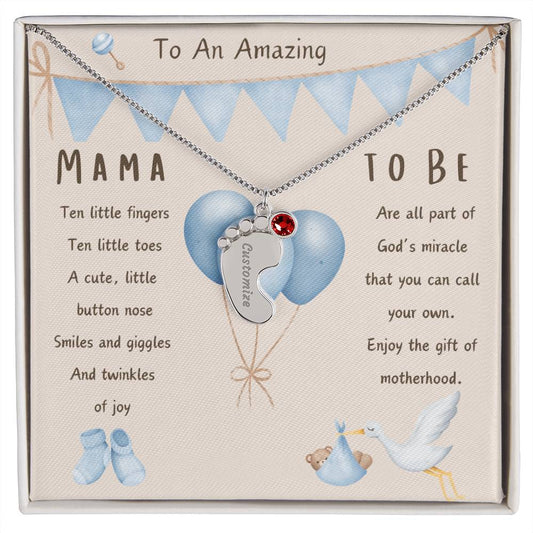 Mama To Be Engraved Baby Boy Feet with Birthstones