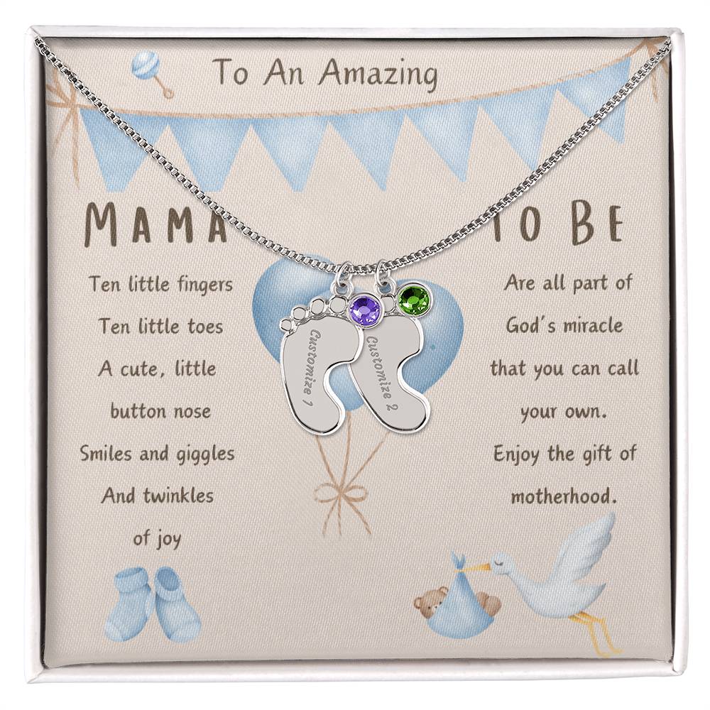 Mama To Be Engraved Baby Boy Feet with Birthstones