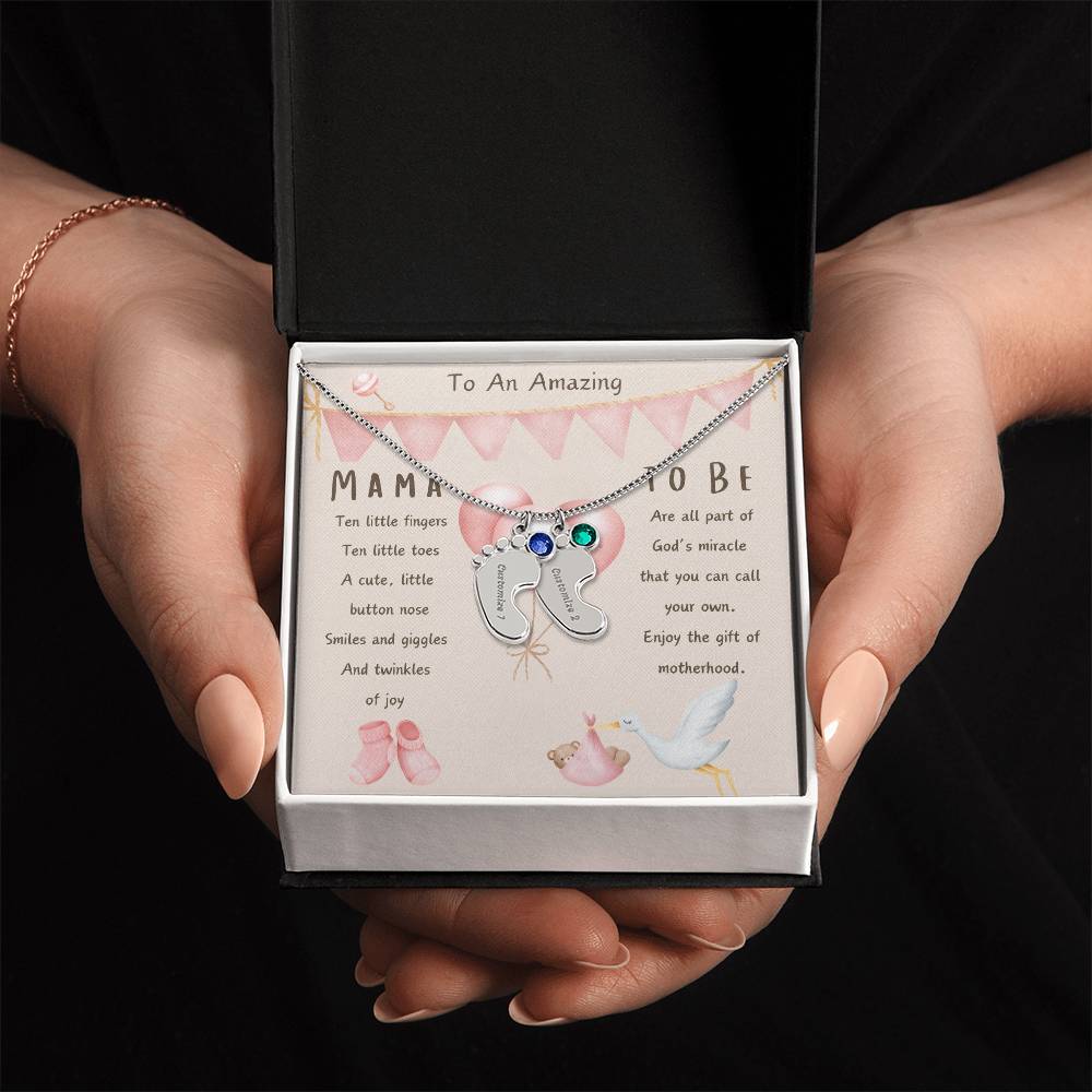 Mama To Be Engraved Baby Girl Feet with Birthstones