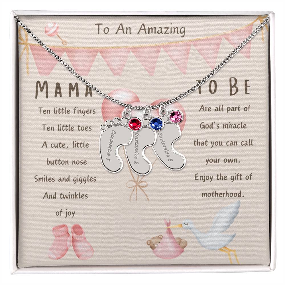 Mama To Be Engraved Baby Girl Feet with Birthstones