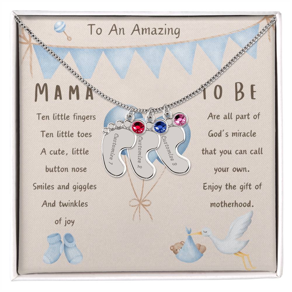 Mama To Be Engraved Baby Boy Feet with Birthstones