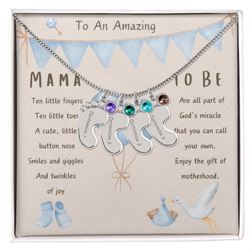 Mama To Be Engraved Baby Boy Feet with Birthstones