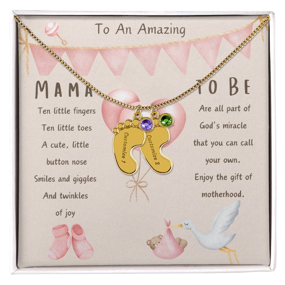 Mama To Be Engraved Baby Girl Feet with Birthstones