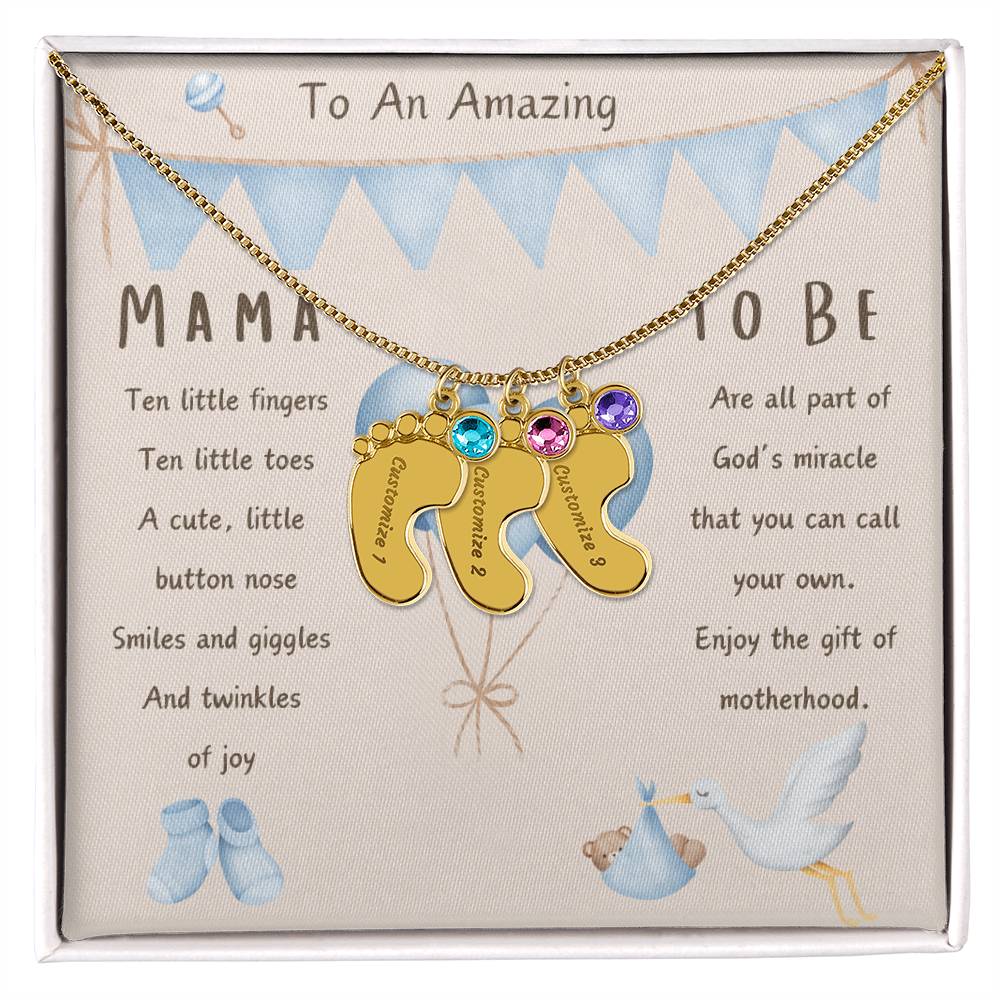 Mama To Be Engraved Baby Boy Feet with Birthstones